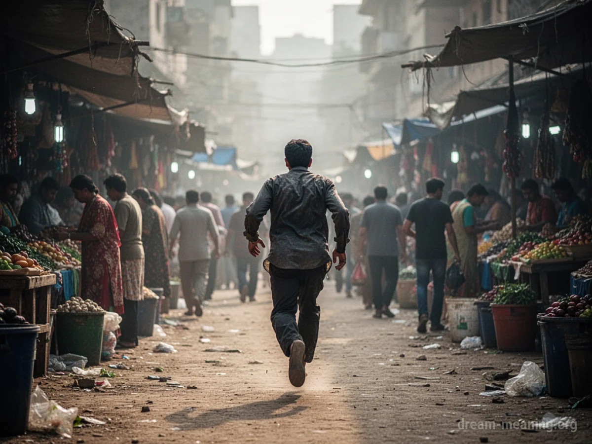 A person running away from a blurry market scene.