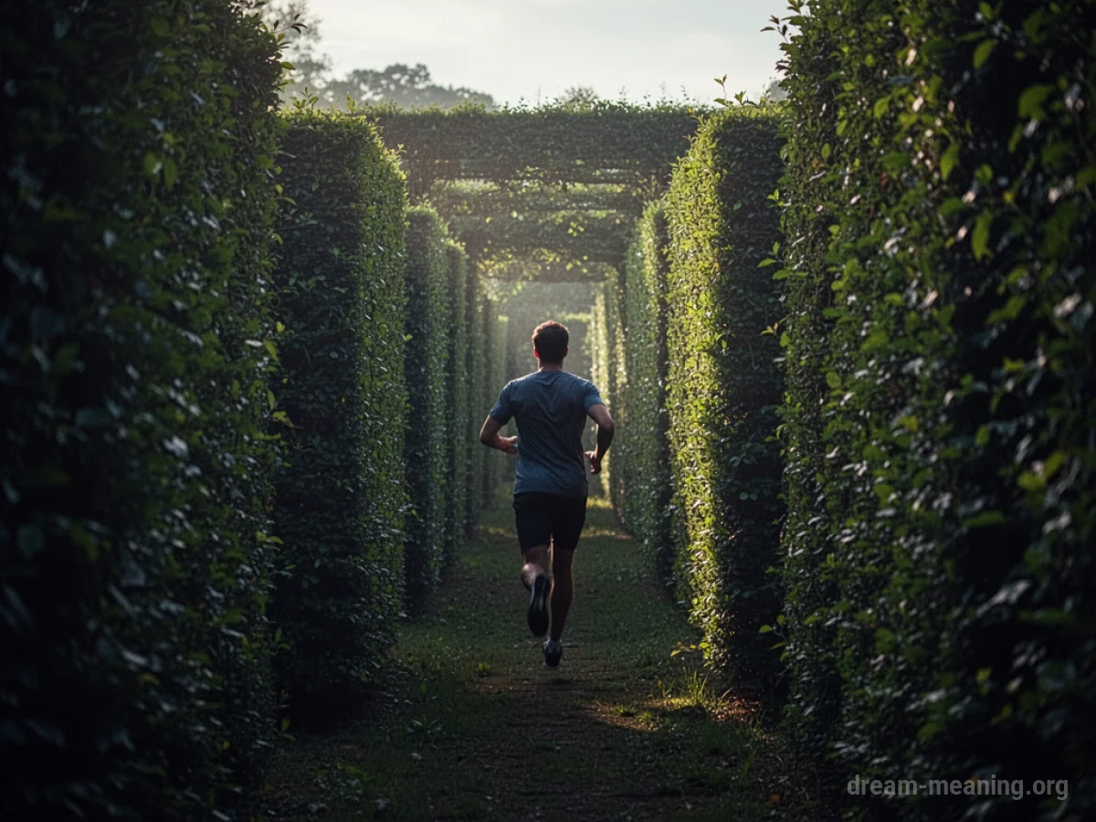 Silhouette of a person running through a tall hedge maze.