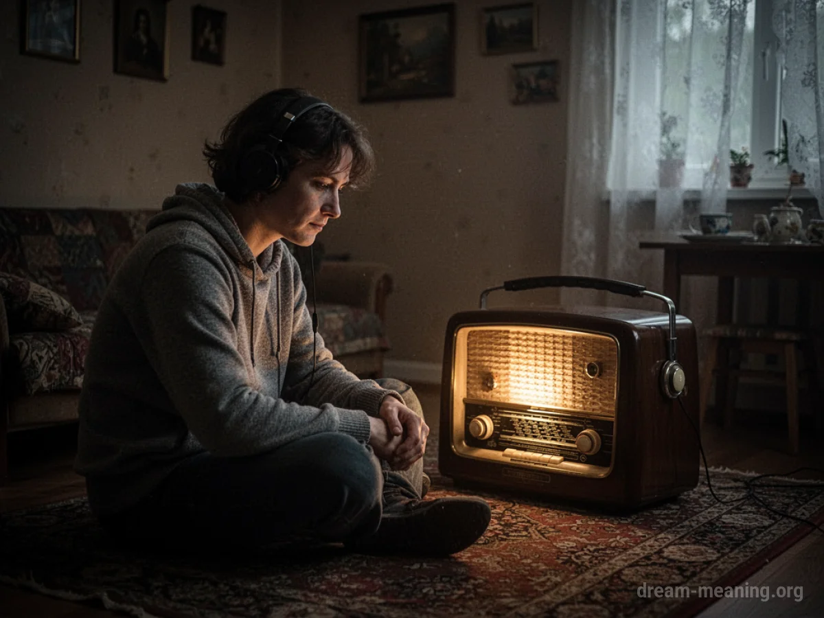 A solitary figure seated in a dimly lit room, focused on a vintage radio.