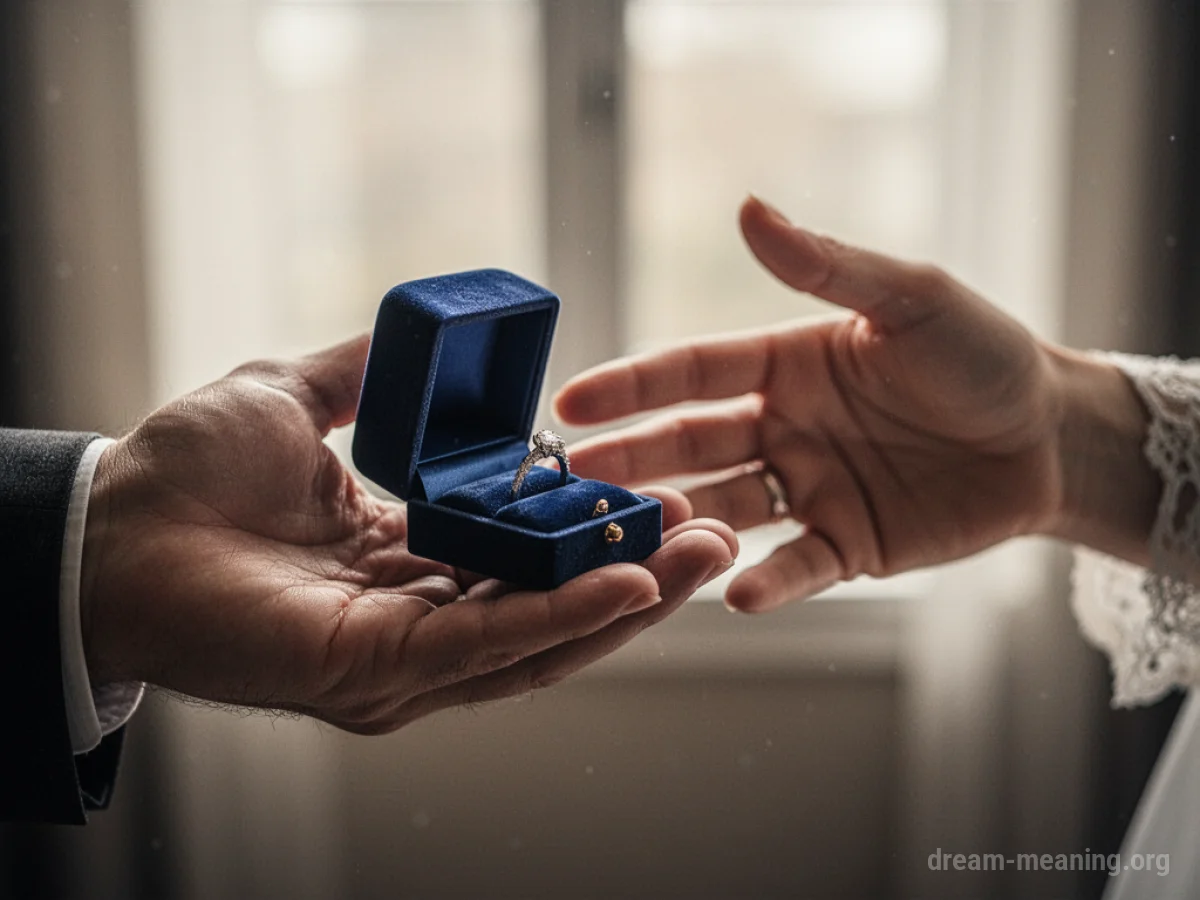 A hand recoils from an offered ring box.