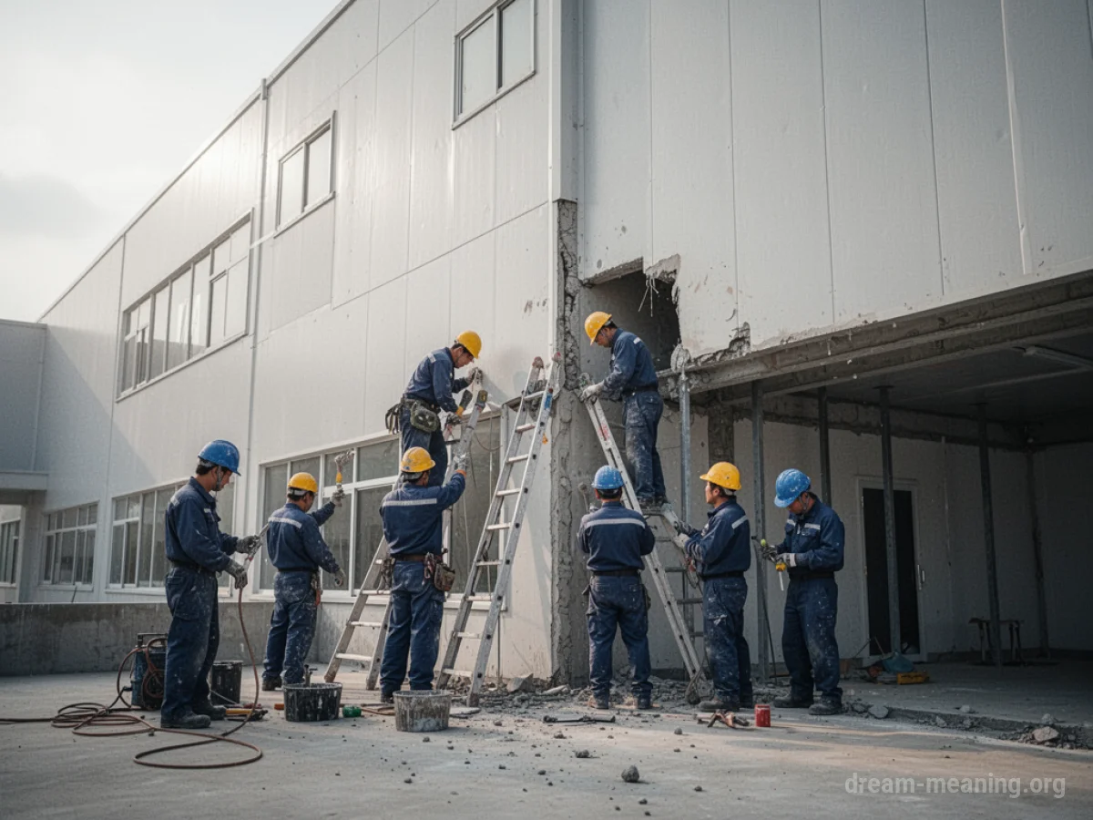 Workers in uniform repairing a building exterior.