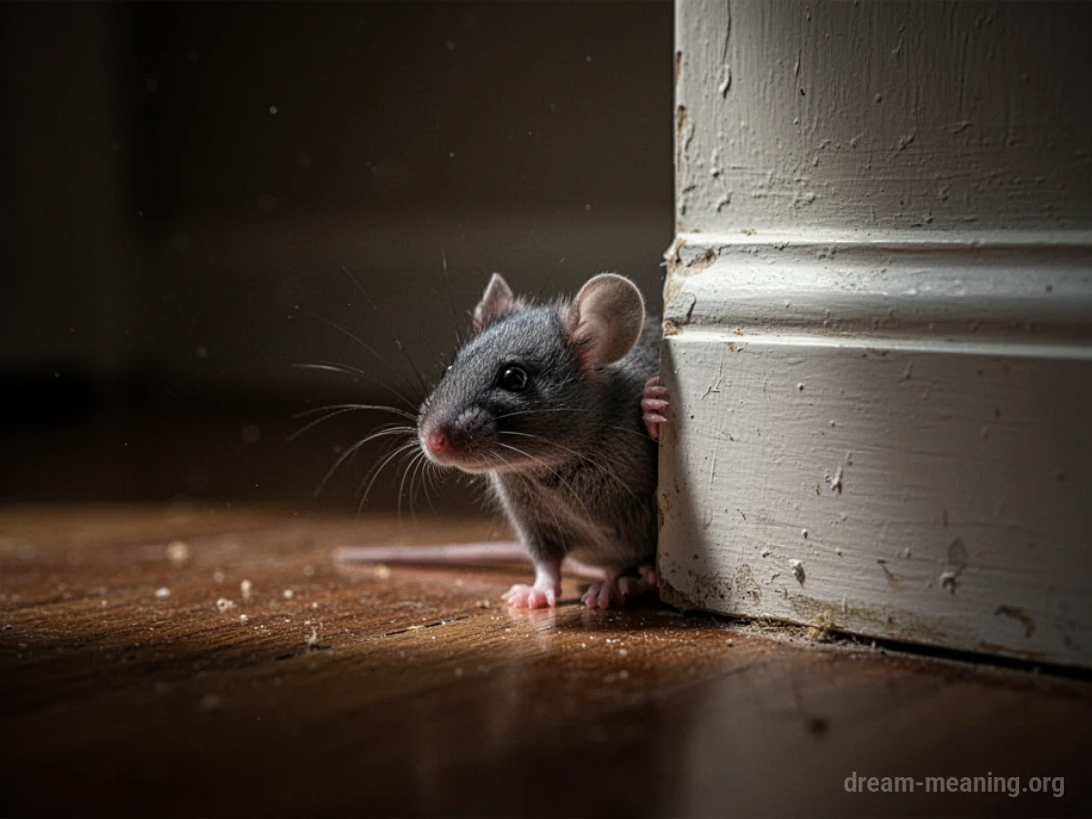 A small gray mouse emerges from a gap in a wall.