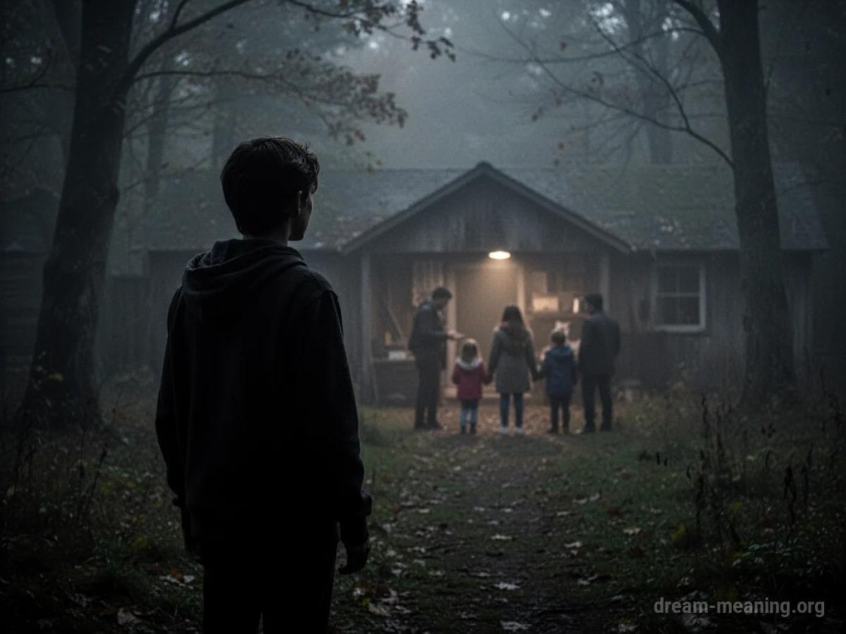 A shadowy figure observes a distant, unclear event.