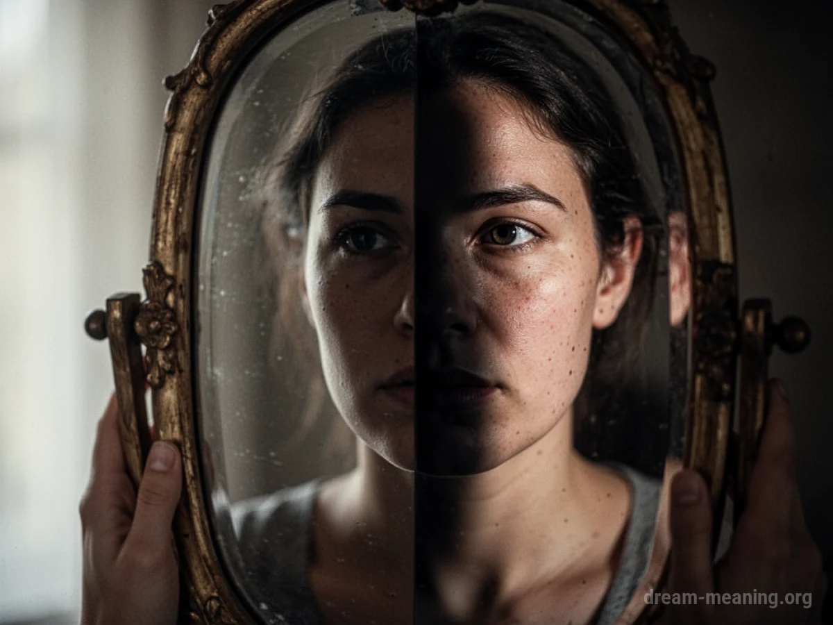 A person's face partially visible in a mirror.