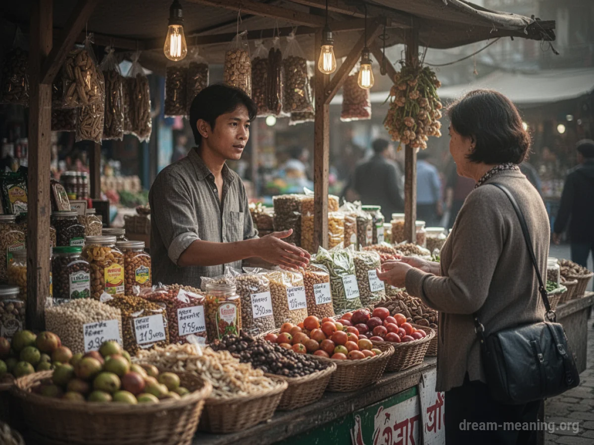 A vendor at a market stall interacting with a customer.