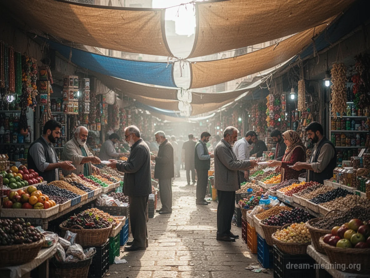 A busy outdoor marketplace with vendors and customers.