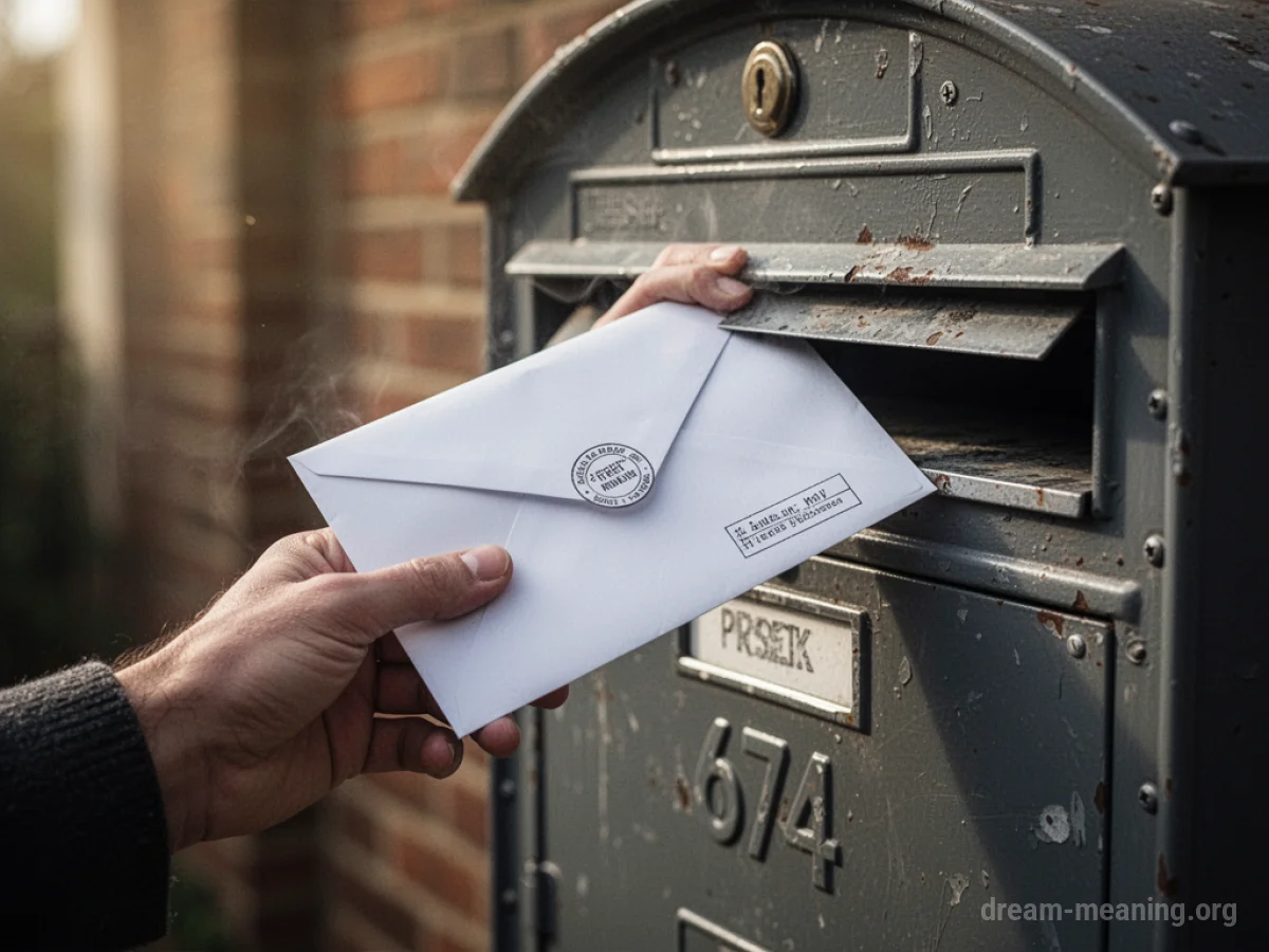 A hand holds a white envelope over a red mailbox slot.