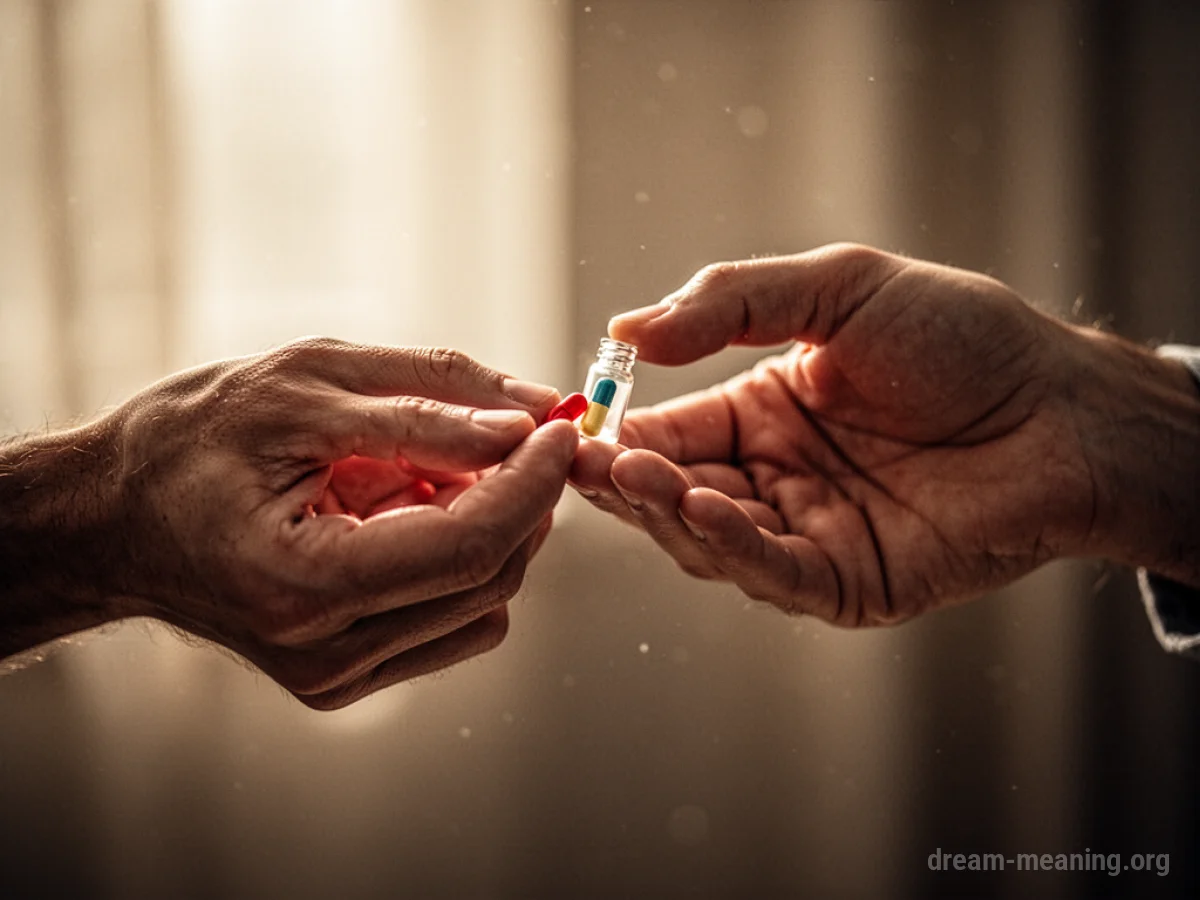 Close-up of two hands exchanging a medicine vial.