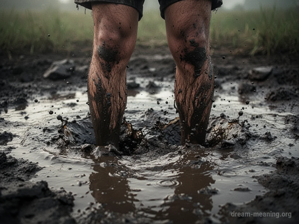 Legs sinking into dark, thick mud.