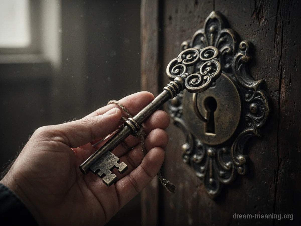 A hand holding a decorative key near a lock.