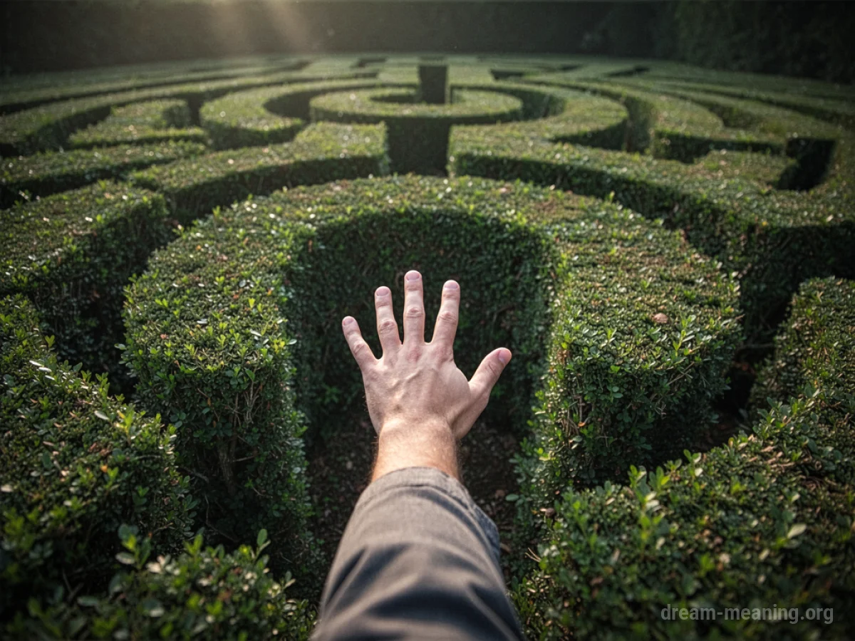 A hand emerges from the center of a hedge maze.