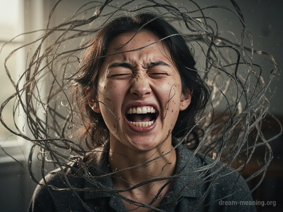 A person with a disturbed expression amidst abstract visual chaos.
