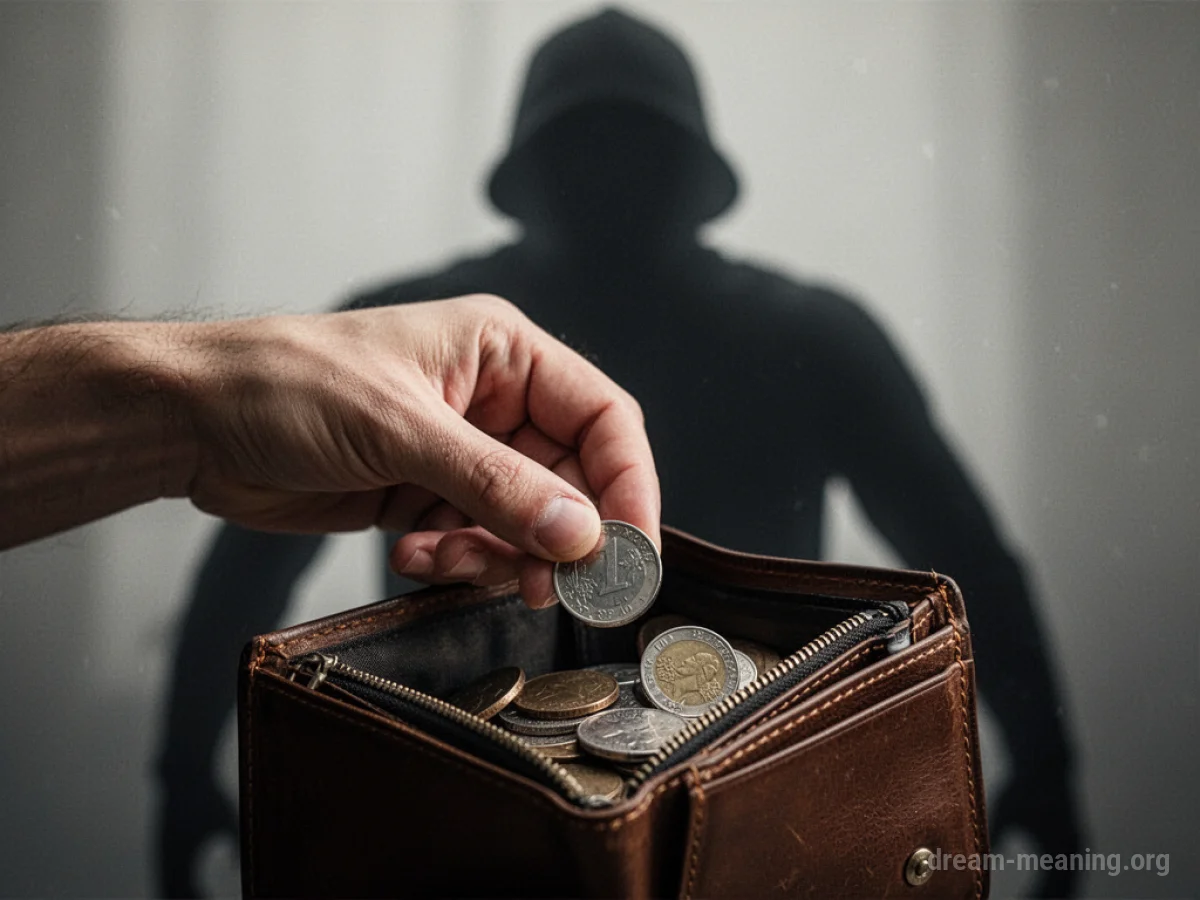 A shadowed hand taking coins from an open wallet.