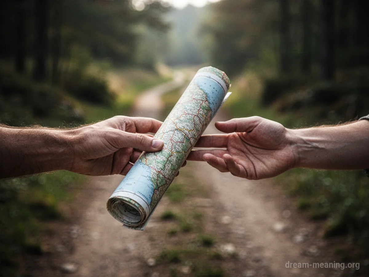 A map is being handed from one person's hand to another.