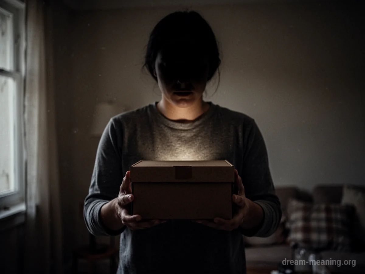 Silhouette of a person holding a glowing box in a dark room.