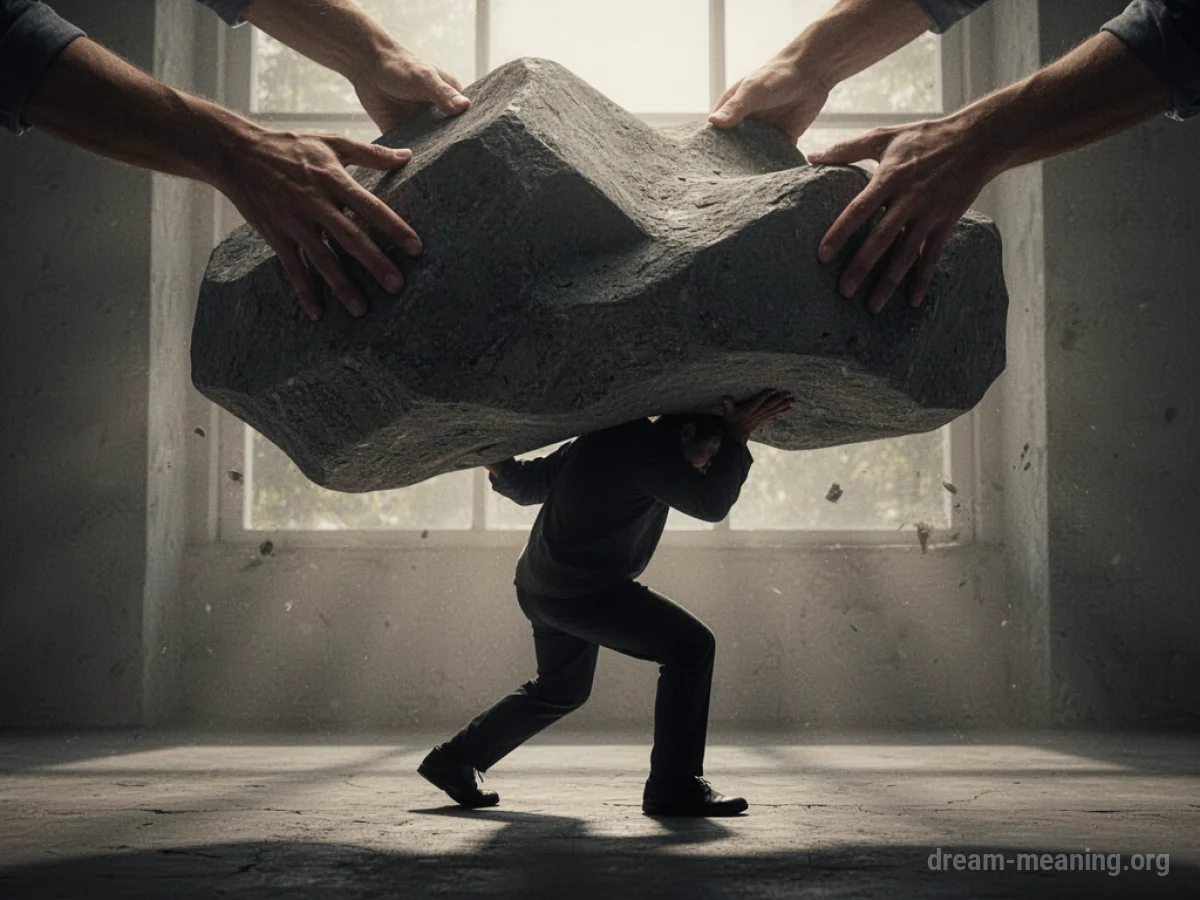 A person's silhouette being pushed down by a heavy, undefined object.