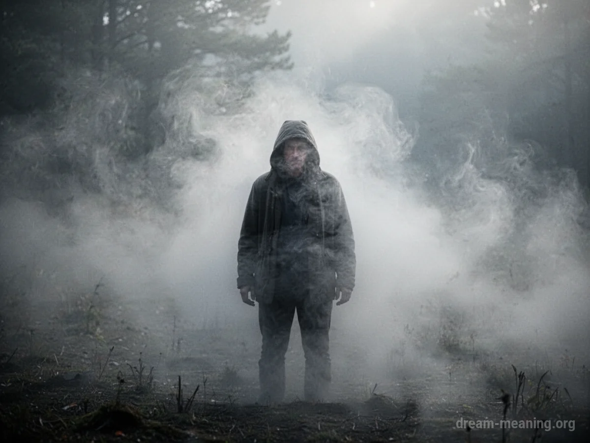 A silhouette of a person is visible through dense fog.
