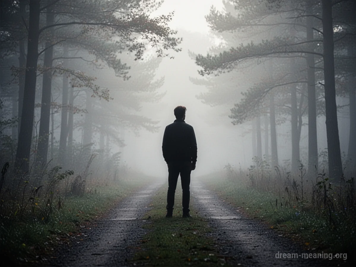 Silhouette of a person on a foggy path.