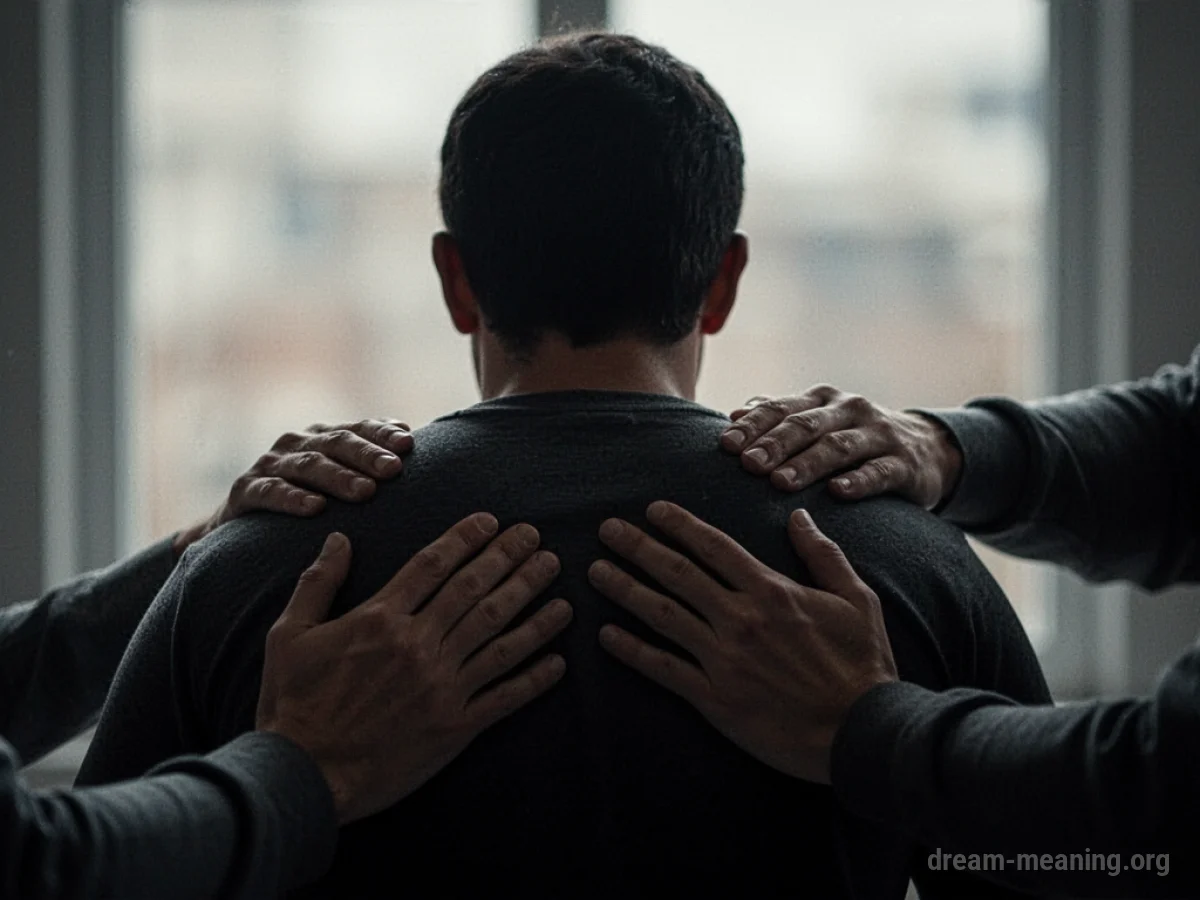 Silhouette of a person being pushed from behind by another figure's hands.
