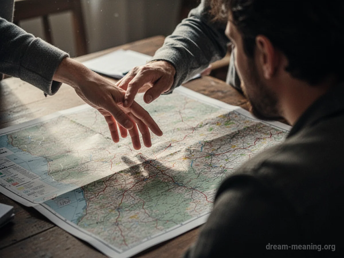 A person's hand pointing at a map that another person is holding.