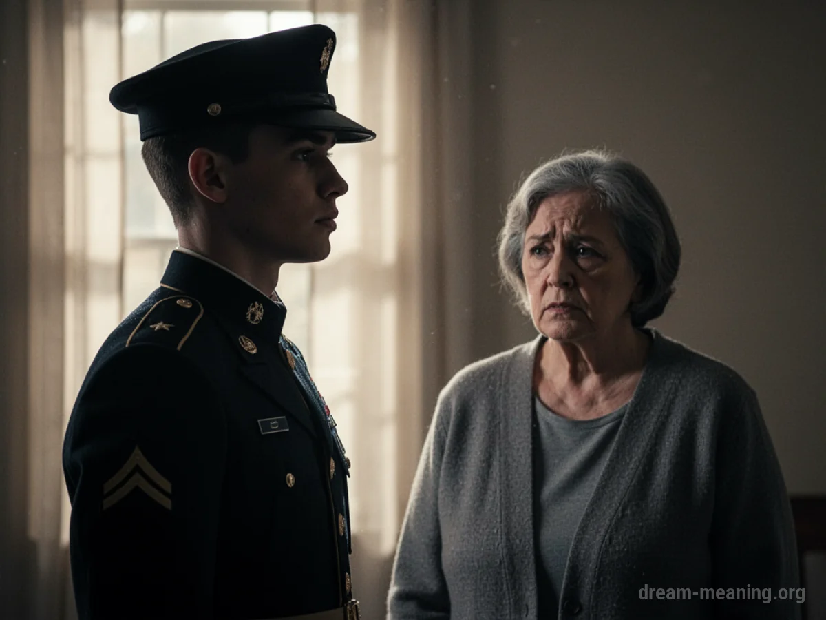 Silhouette of a young man in a military uniform and a parent figure.