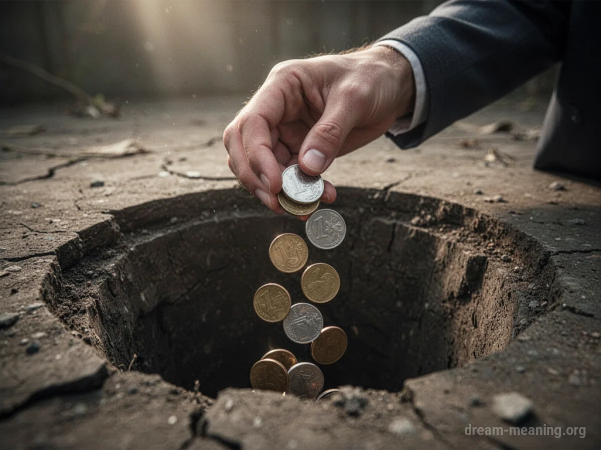 A hand dropping coins into a dark, funnel-shaped void.