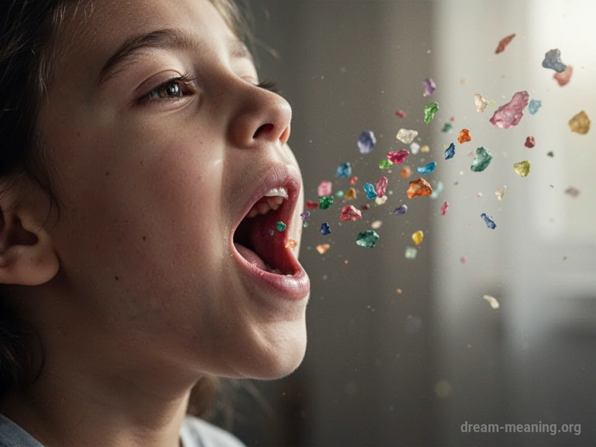 A person's mouth open, with abstract shapes emerging.