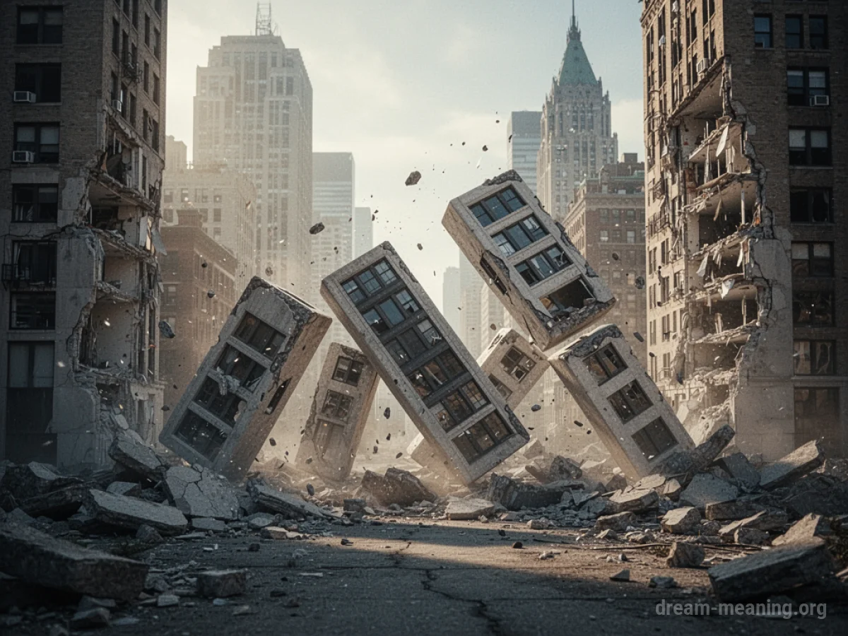 Cityscape with falling buildings.