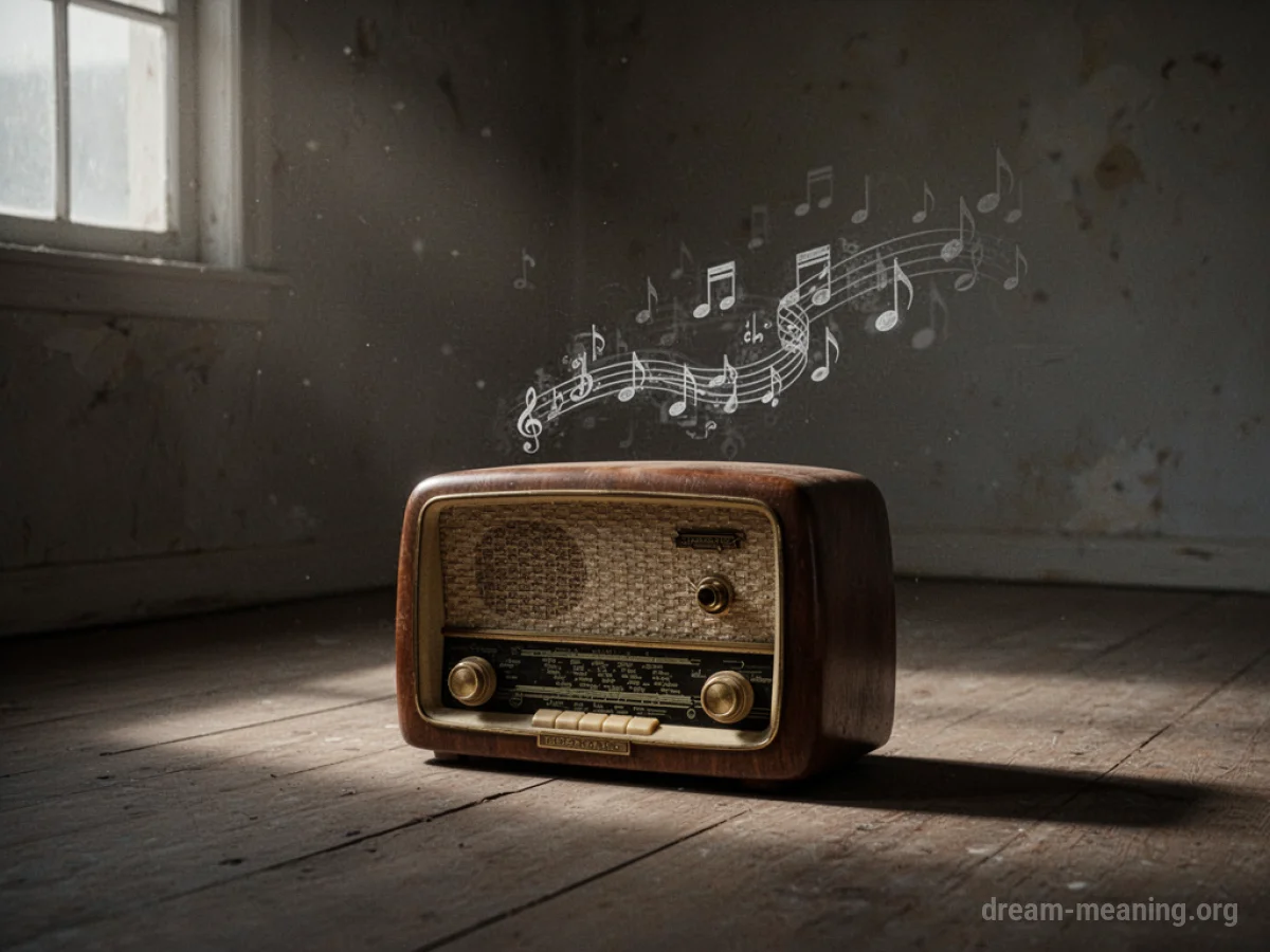 A vintage radio in a dark room, with faint, distorted musical notes visible in the air.