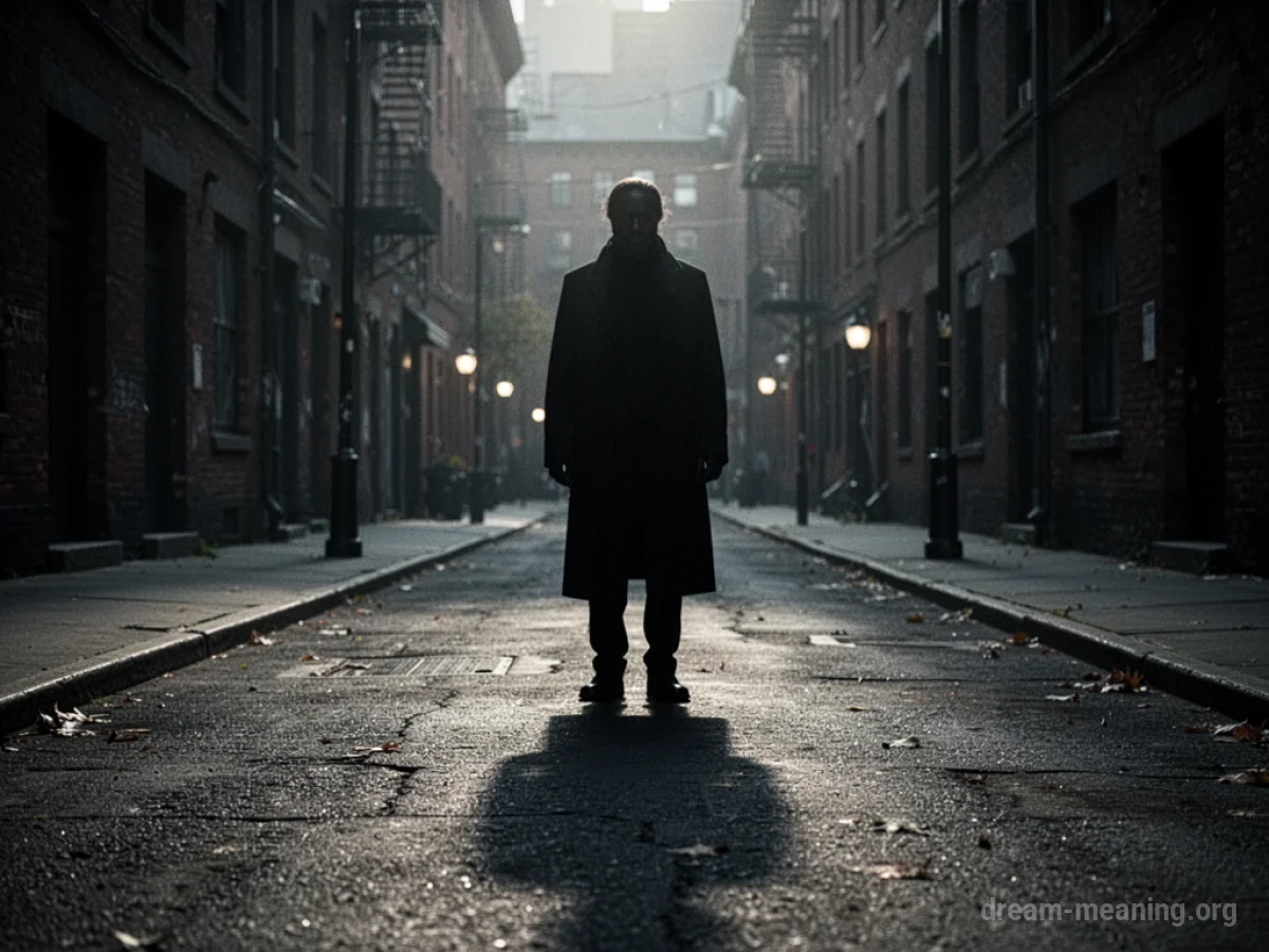 A shadowy, indistinct figure stands in the background of a deserted street at night.