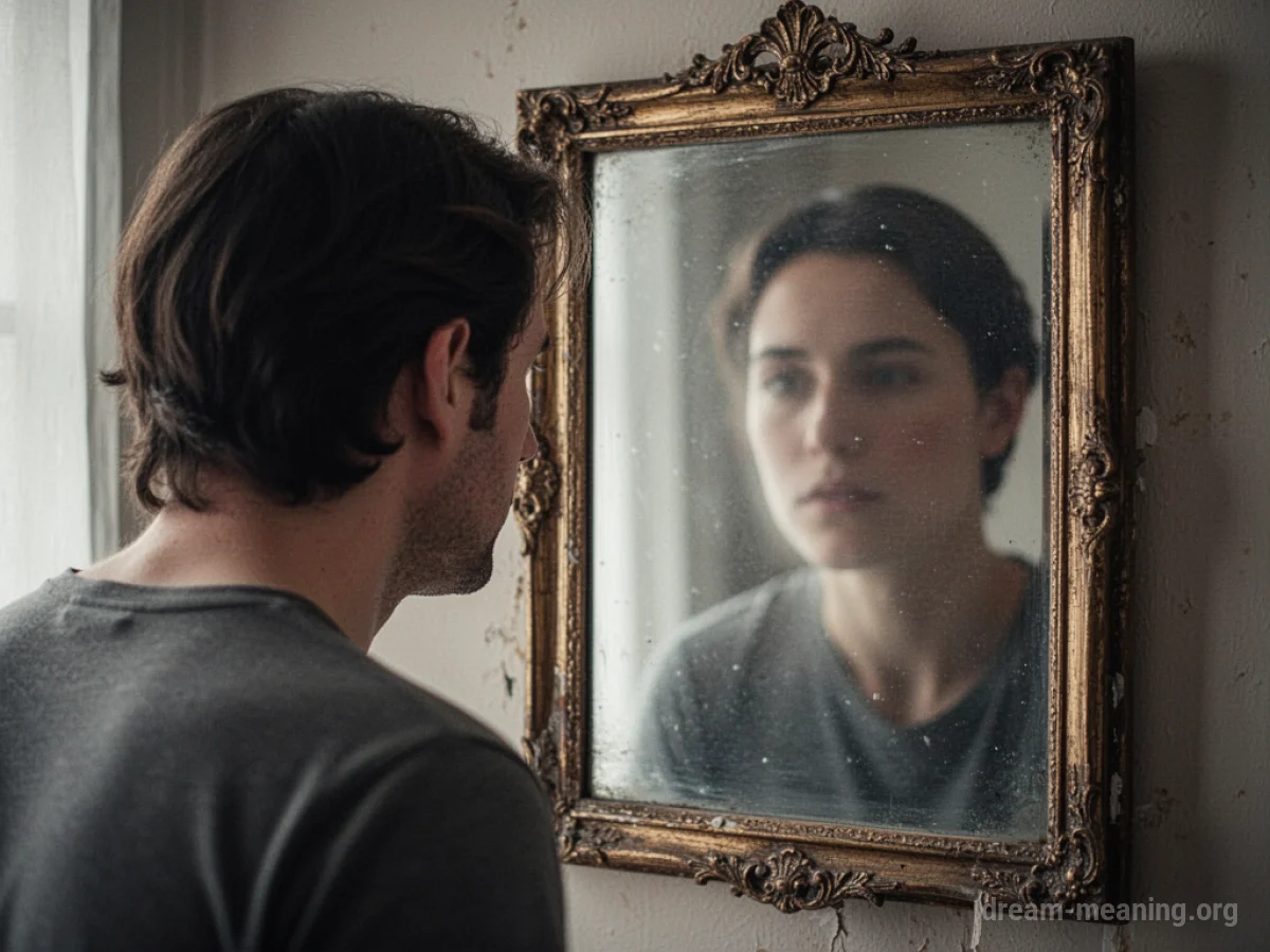 A person looking into a mirror at a blurred reflection.