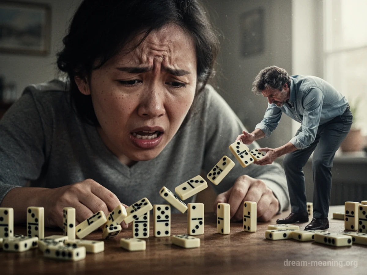 A line of falling dominoes, with one domino tipping another.