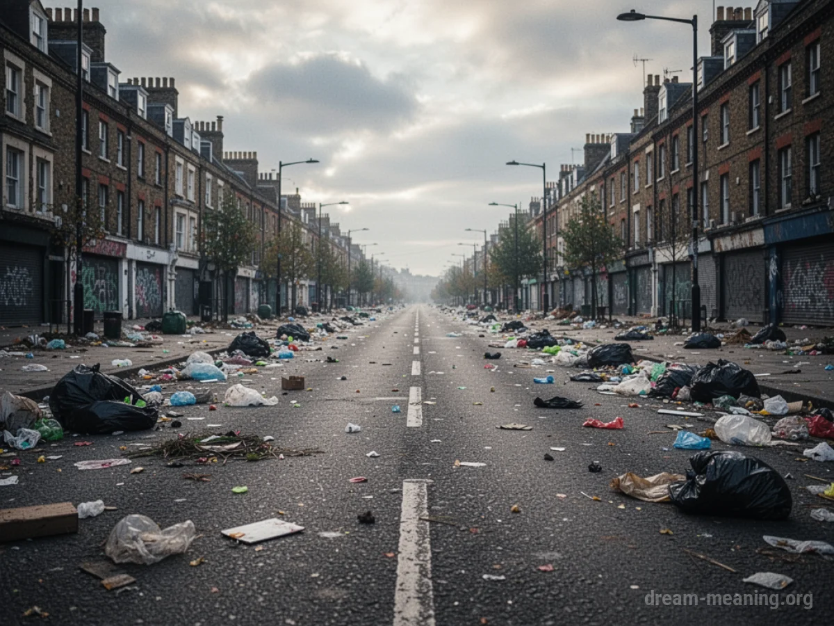 A street covered in scattered debris.