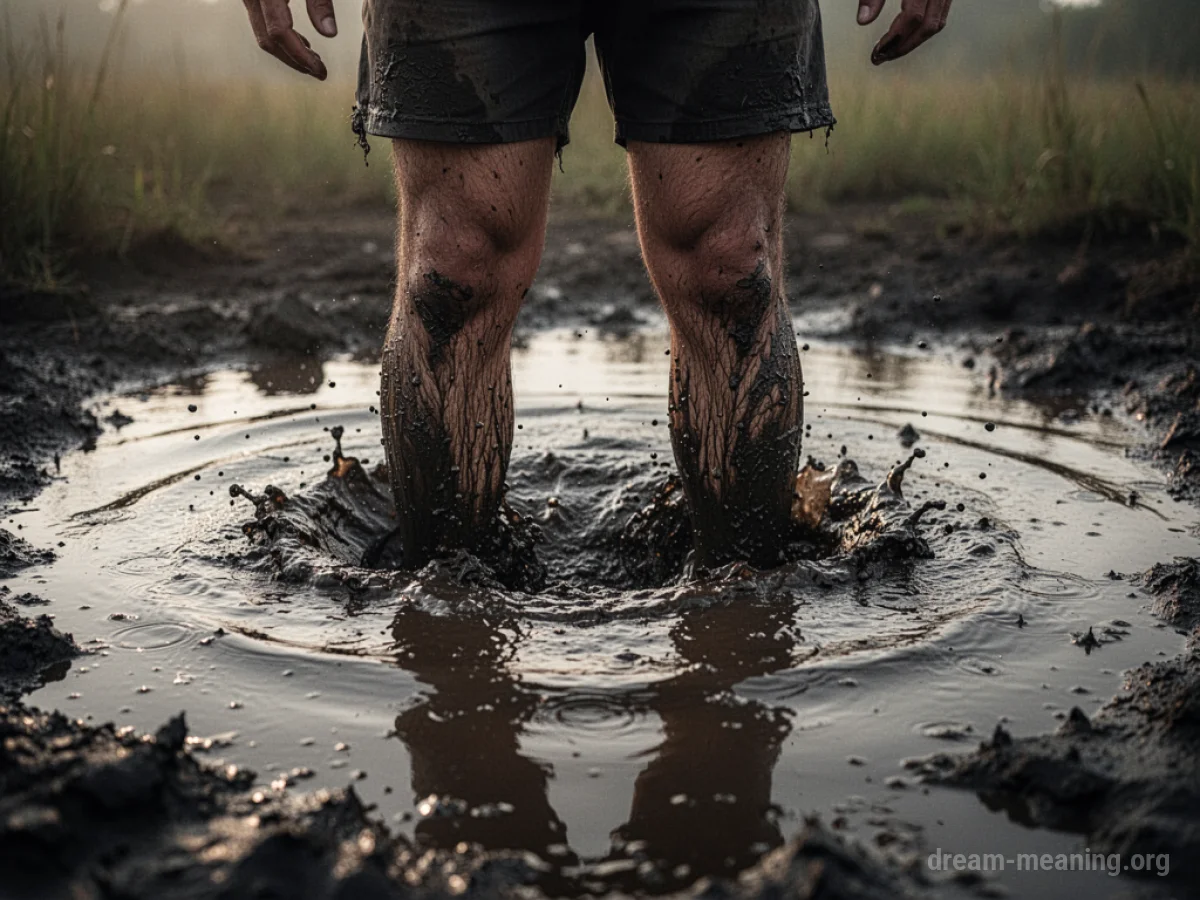Legs of a person sinking into dark, viscous mud.