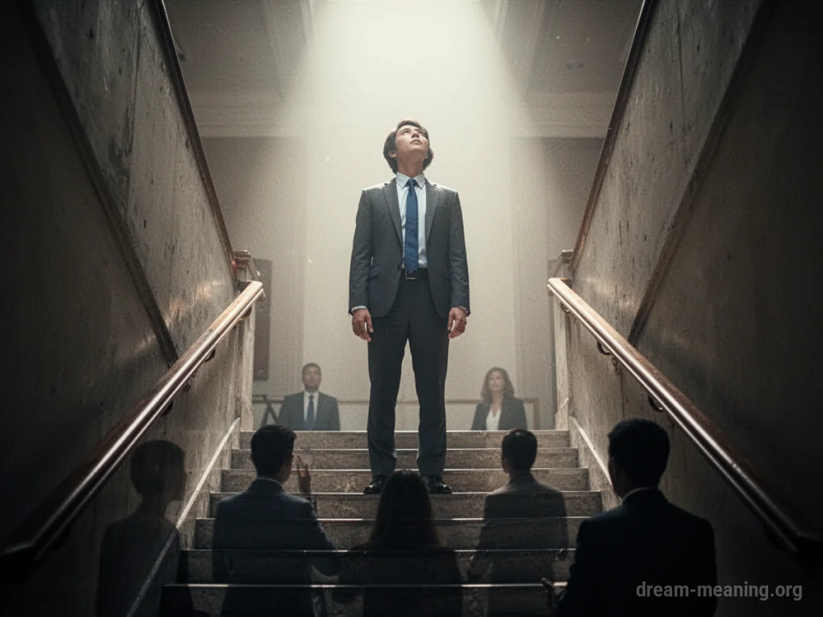 Person standing at the top of a staircase.