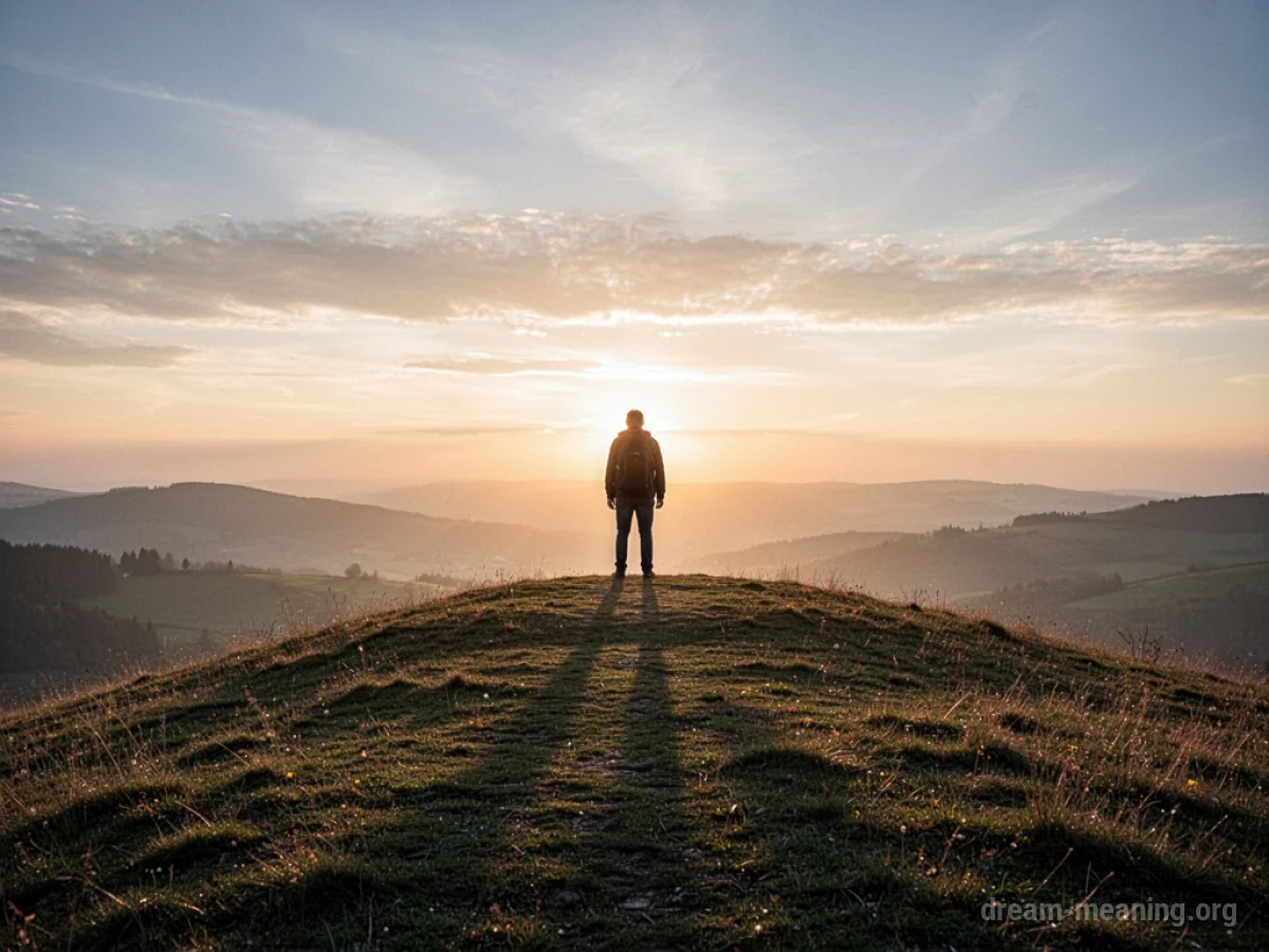 Silhouette of a person on a hill at sunrise.