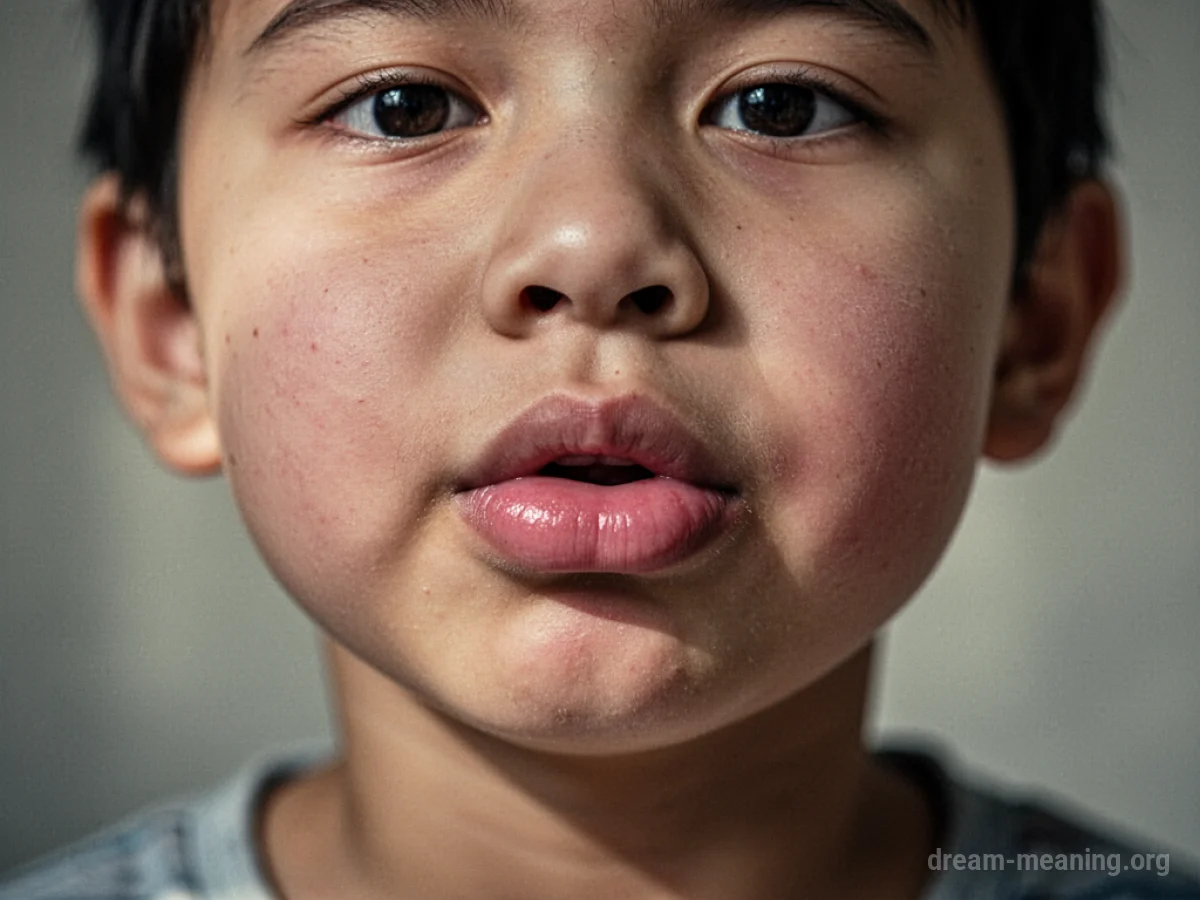 A person's mouth appearing enlarged and swollen.