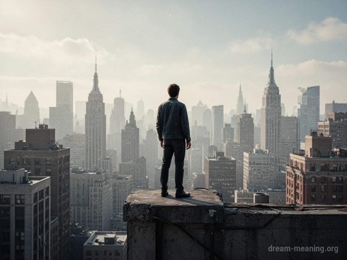 A person standing on a platform overlooking a city.