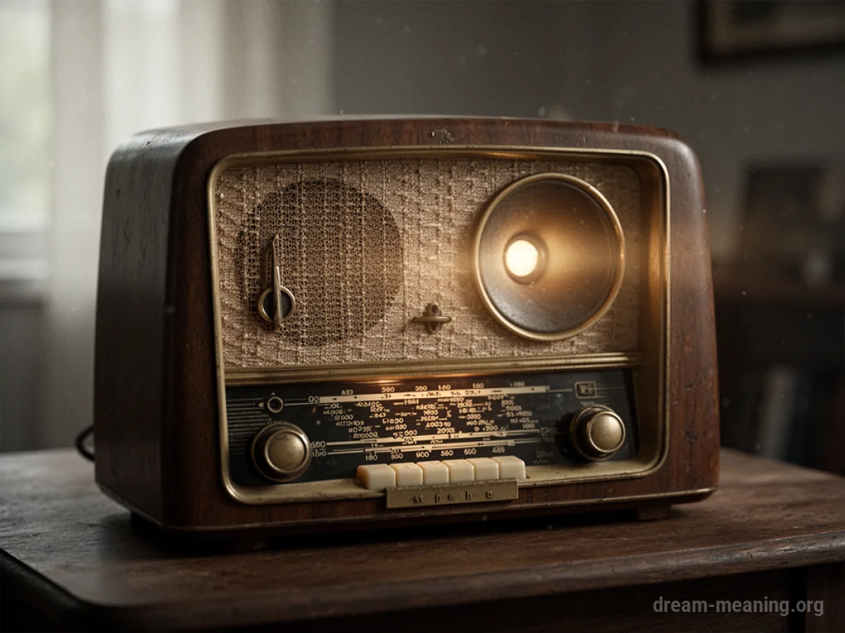A vintage radio with a glowing speaker.