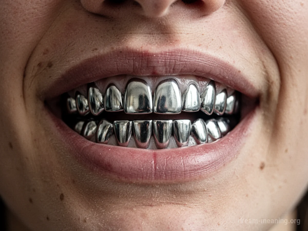 A person's smile where all their teeth are made of shiny metal.