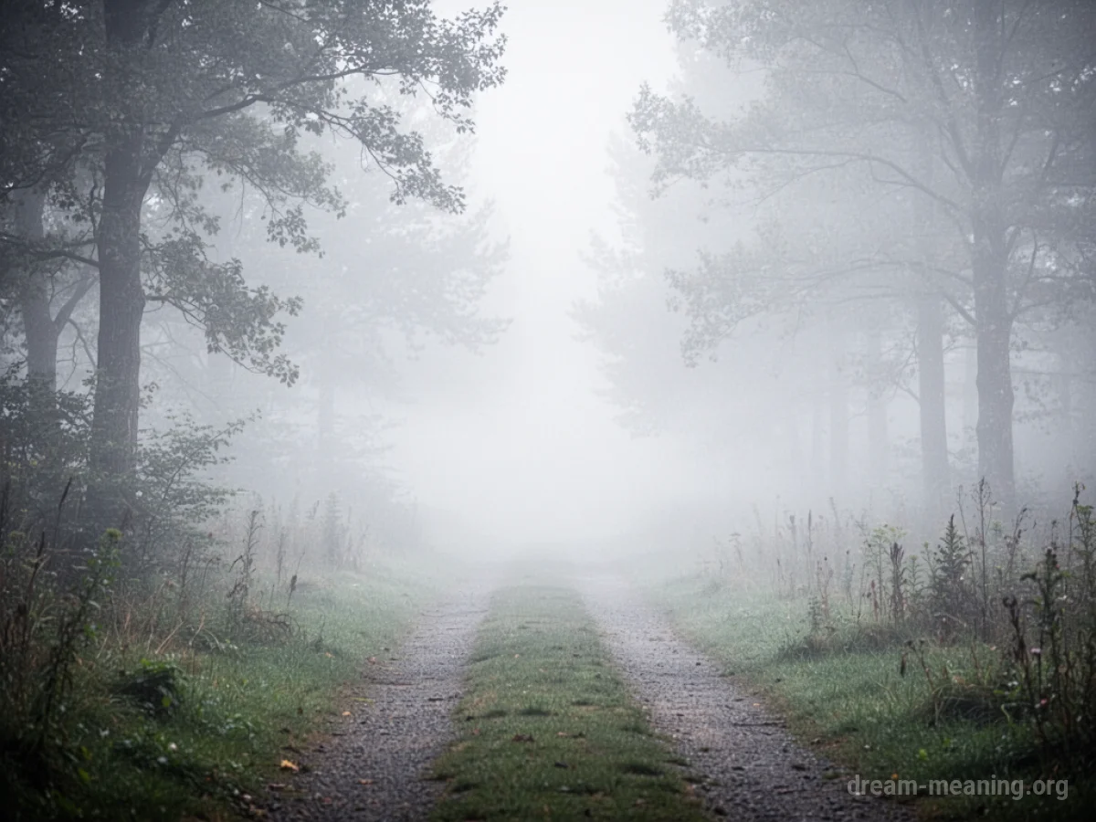 A path disappearing into dense white mist.