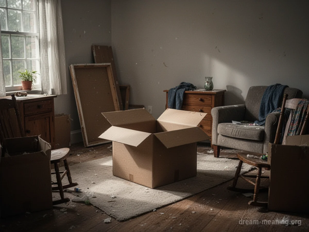 A room with furniture subtly askew and an open box.