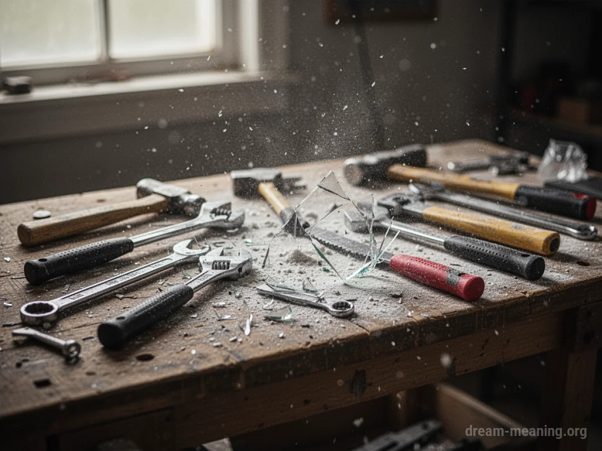 A collection of assorted tools on a wooden surface, with some pieces bent or cracked.