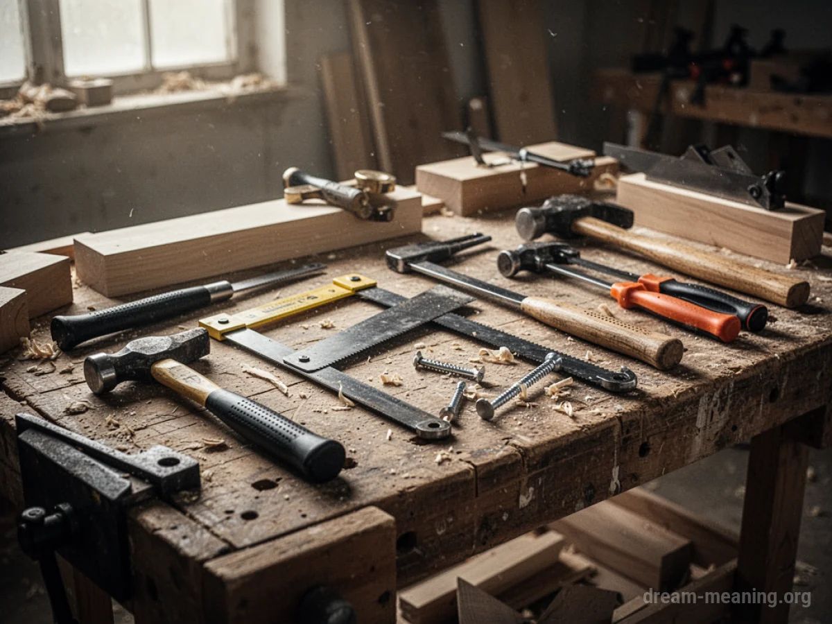 A collection of woodworking tools on a wooden surface.