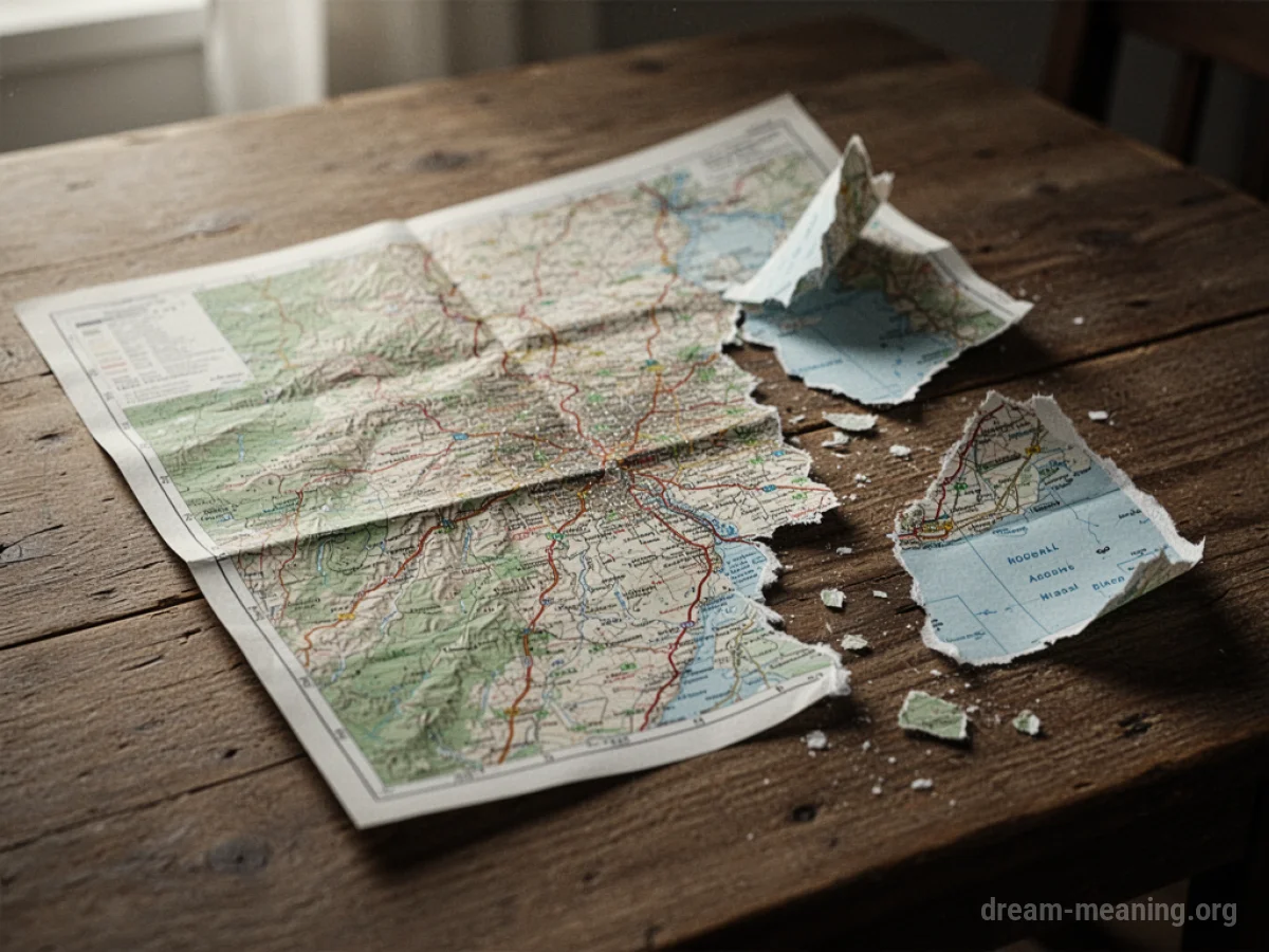 A torn paper map with visible creases and rips.