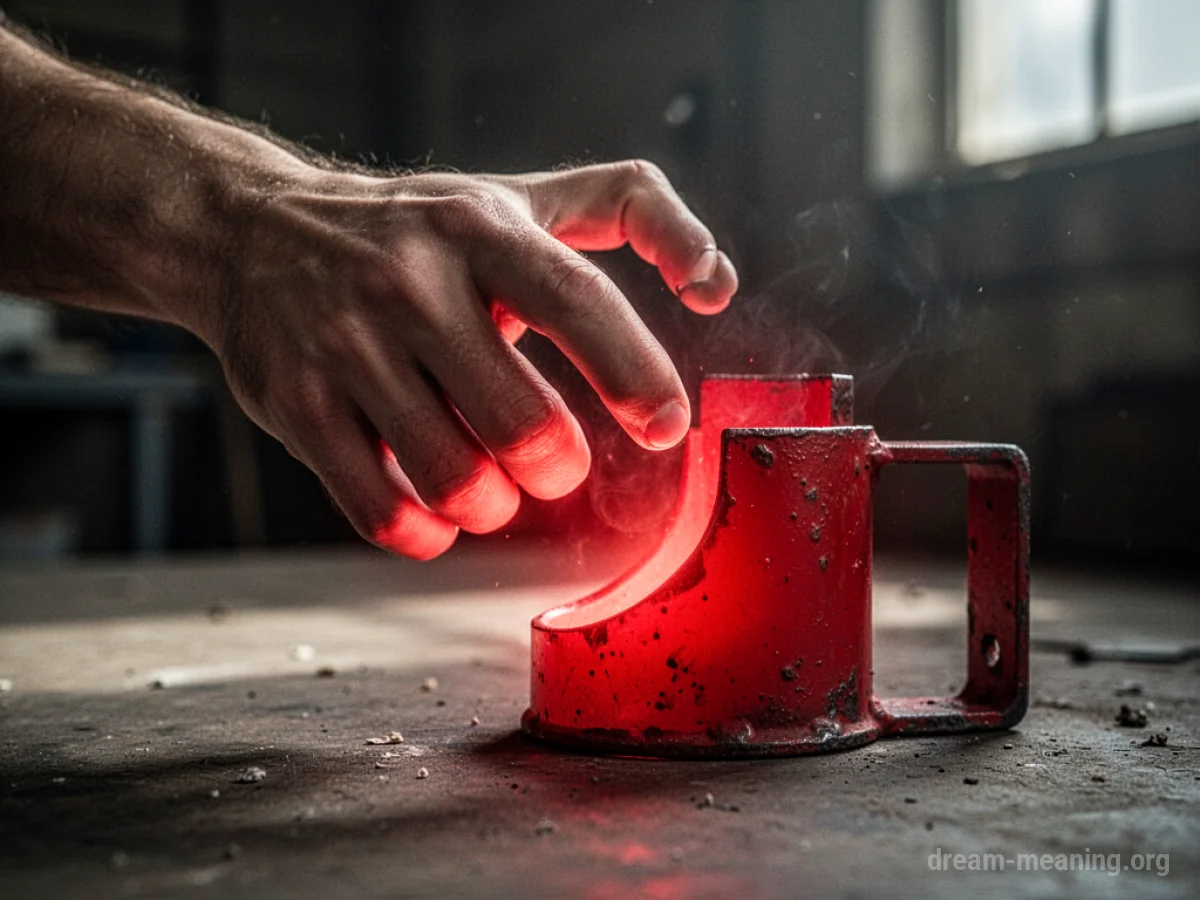 A hand pulling away from a bright red, hot metal surface.