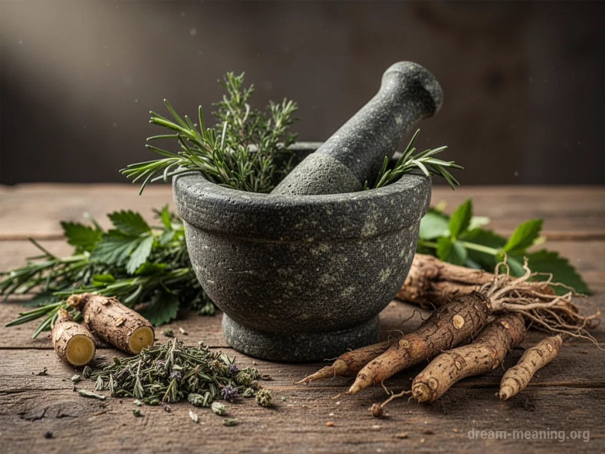 A mortar and pestle with various herbs and roots.