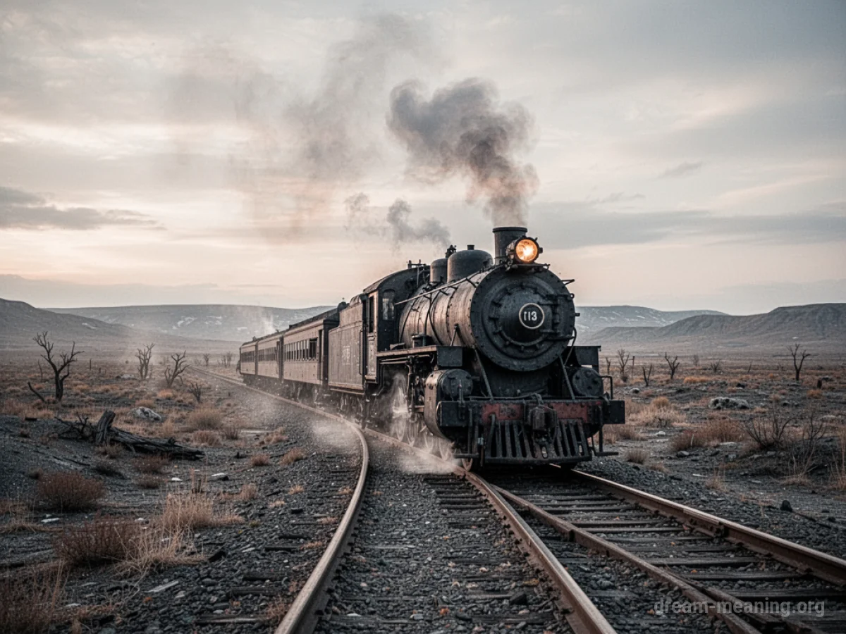 A stalled train on a railway track with sparse vegetation.