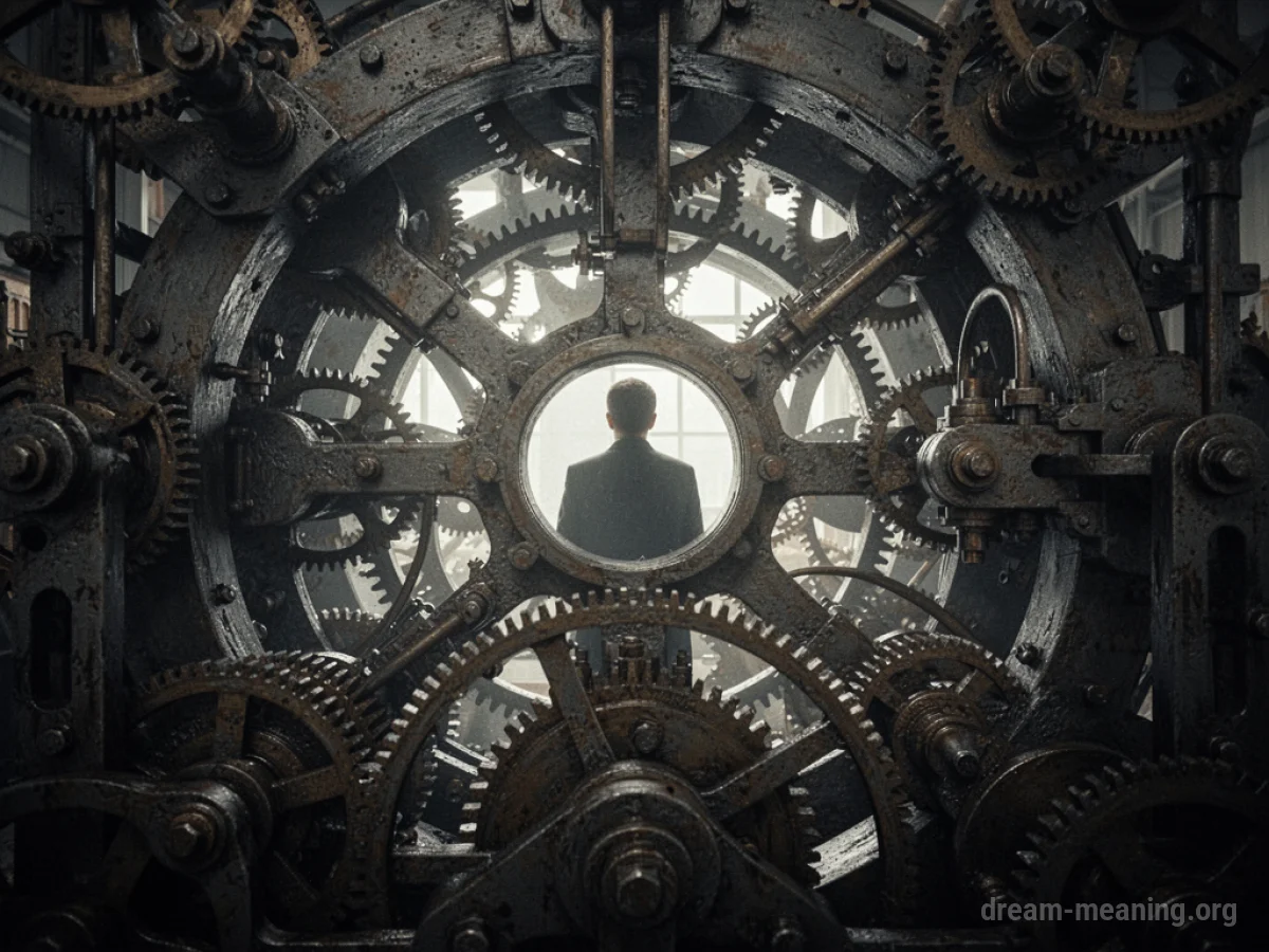 Silhouette of a person visible through the internal workings of a large mechanical device.