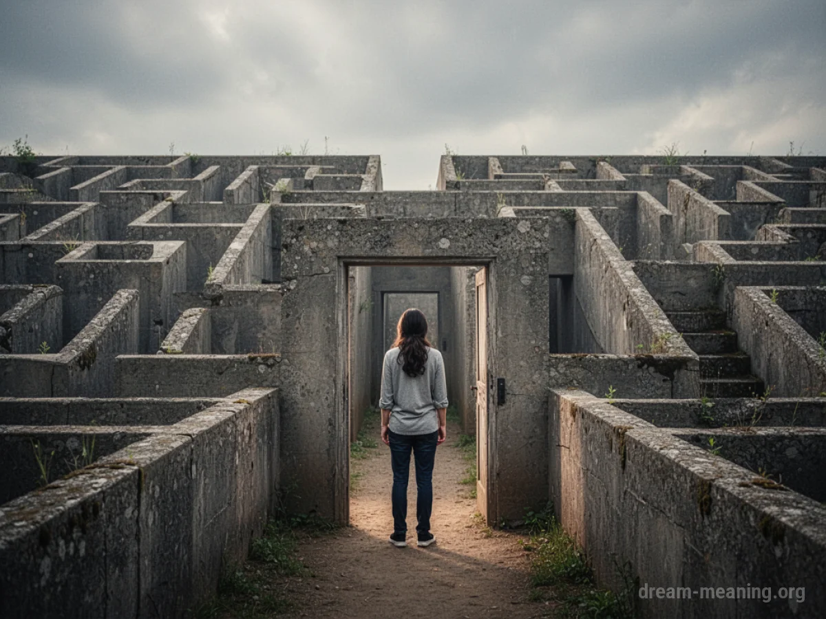 A lone figure hesitates at the entrance of a daunting maze.
